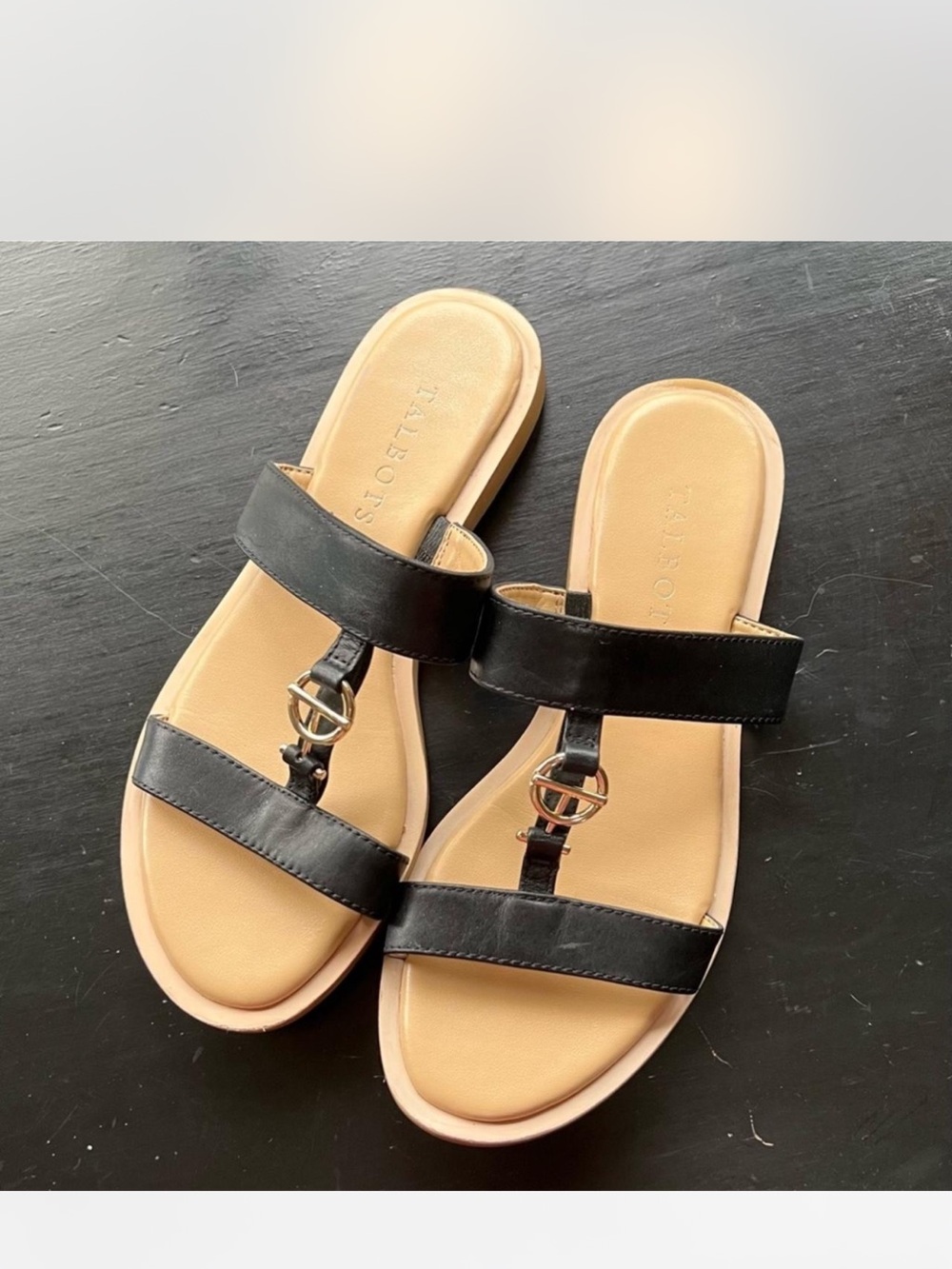Talbots Black Leather Double-Strap Slide Sandals with Gold Accent Size 5 1/2